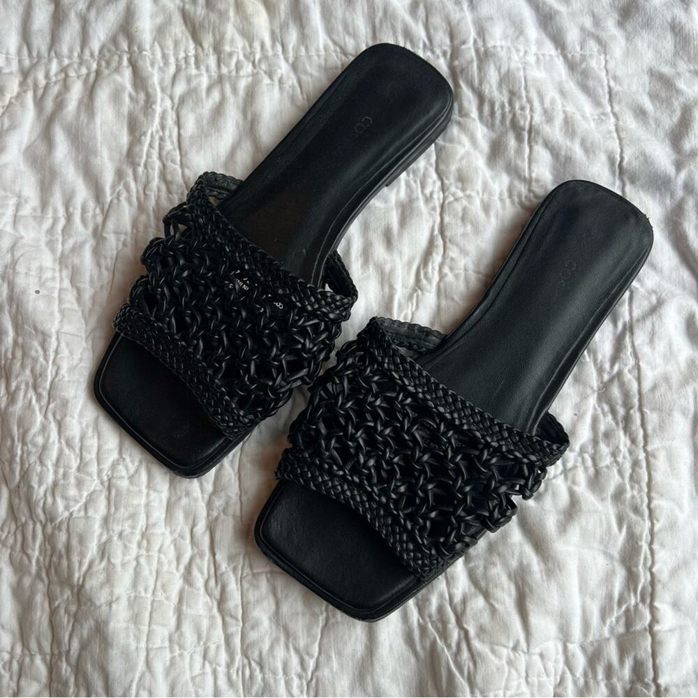 COS Black Woven Leather Flat Slide Sandals